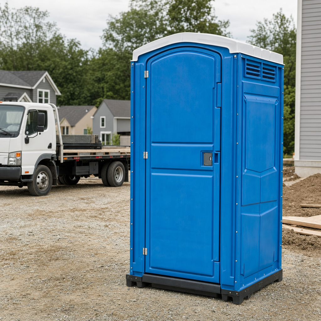 Delivery driver positioning a clean royal-blue portable toilet on level ground at a New York worksite