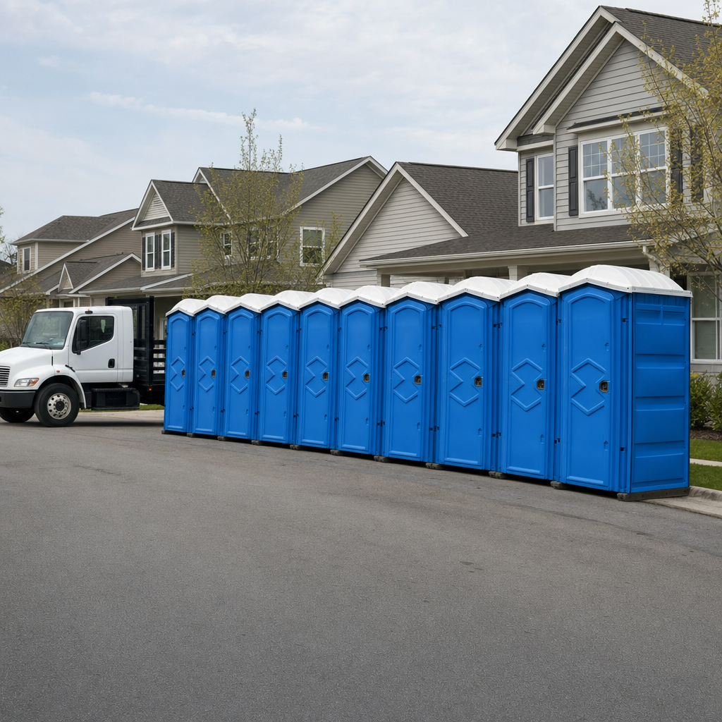 Royal blue portable toilets staged in a tidy row at a New York jobsite, ready for delivery